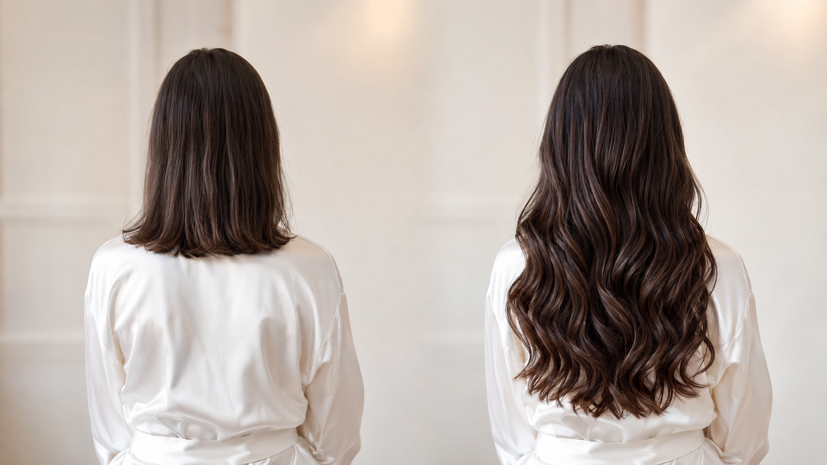 Before-and-after concept: shoulder-length brunette hair beside longer, fuller brunette waves