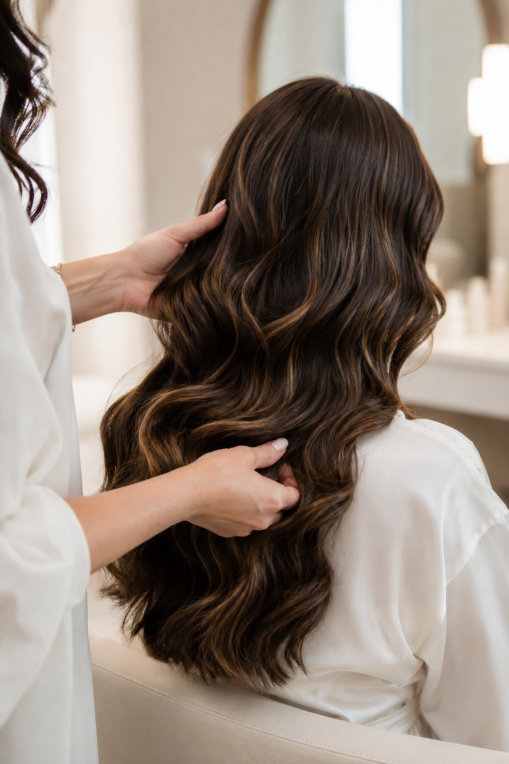 Editorial concept of hands arranging brunette waves; not a photograph of Amarah